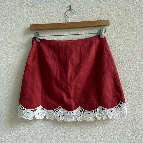 Tuckernuck Meg Mini Skirt Women Size S Red New Cotton Linen Eyelet Trim NYAP-12 - Picture 8 of 10